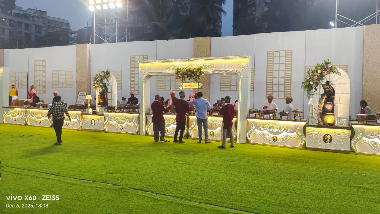 Elegant catering tent setup for a wedding reception in Ulwe, Navi Mumbai